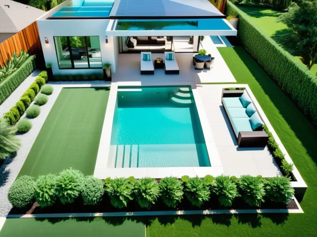 Espléndida piscina geométrica en jardín contemporáneo Diseño de piscinas para hogar: Una moderna piscina geométrica rodeada de exuberante paisajismo y muebles contemporáneos en un lujoso patio