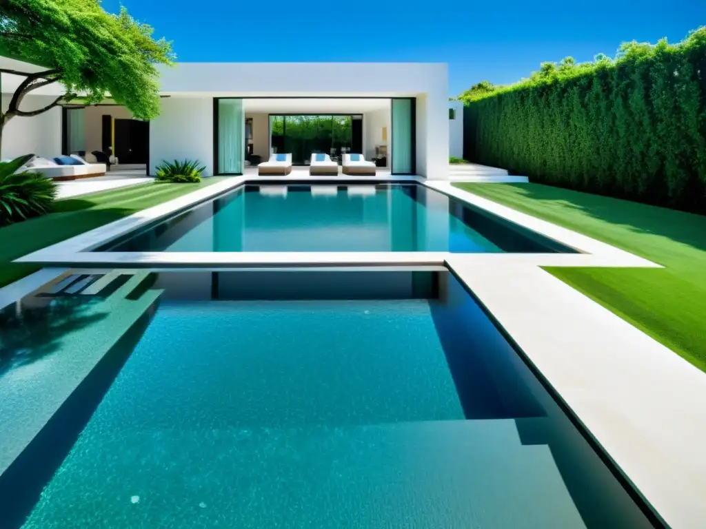 Piscina infinita de lujo en casa moderna Diseño de piscinas para hogar: Piscina moderna de lujo con borde infinito, rodeada de exuberante paisajismo y mobiliario contemporáneo