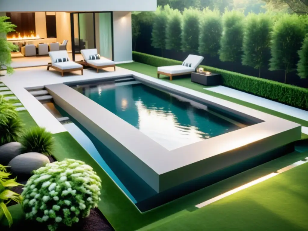 Exclusiva piscina moderna con borde infinito y elegante diseño Diseño de piscinas para hogar: Una piscina moderna de lujo con borde infinito, rodeada de exuberante vegetación y mobiliario exterior contemporáneo