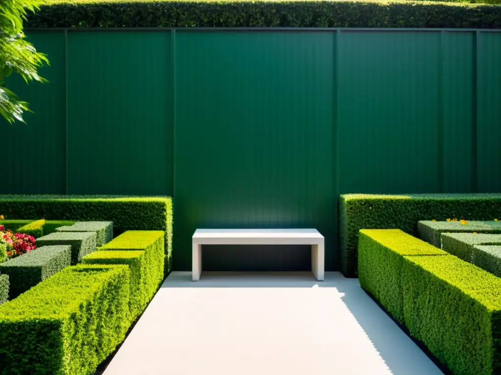 Jardín moderno con diseño geométrico y elegante Diseño de jardín con setos: Elegancia contemporánea en un jardín meticulosamente mantenido, con patrones geométricos y exuberante vegetación