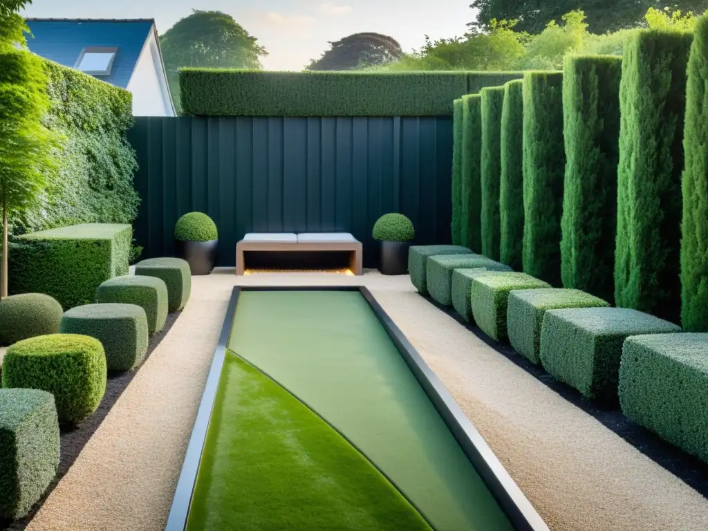 Jardín moderno de lujo con setos esculpidos Diseño de jardín con setos: Elegante jardín moderno con setos recortados en formas geométricas, sendero de grava y zona de estar al aire libre