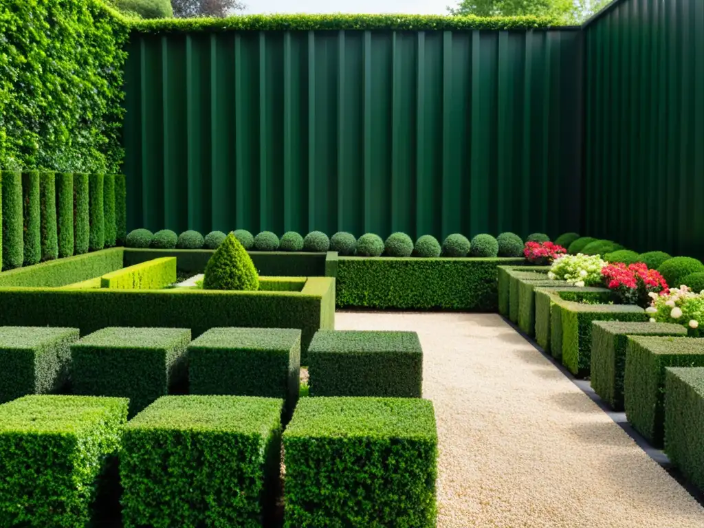 Jardín geométrico: privacidad y tranquilidad en el sol Diseño de jardín con setos, patrones geométricos de setos verdes, senderos de grava y flores coloridas en un jardín tranquilo y privado