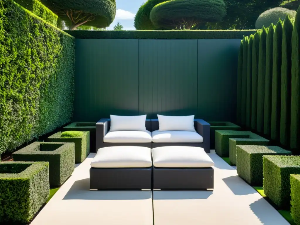 Diseño de jardín moderno: topiarios y geometría en un oasis contemporáneo Diseño de jardín con setos meticulosamente recortados y esculturas de topiaria, rodeado de vegetación exuberante y con área de estar al aire libre minimalista