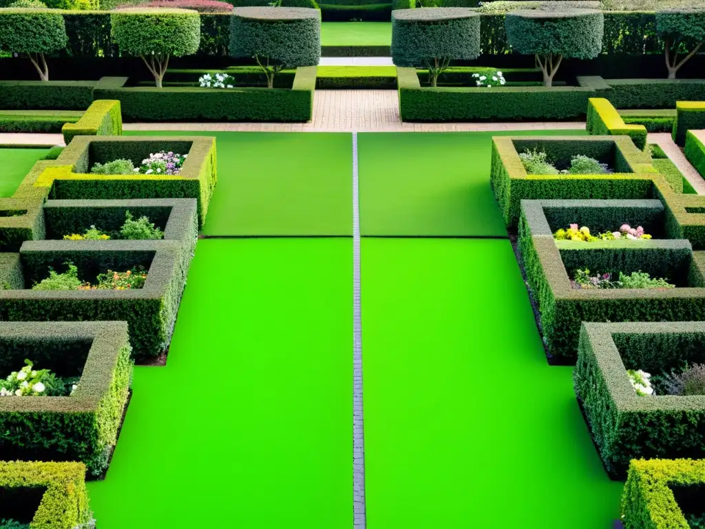 Jardín moderno con setos verdes y diseño geométrico Diseño de jardín con setos meticulosamente recortados, hileras simétricas y elegancia contemporánea entre senderos y flores vibrantes