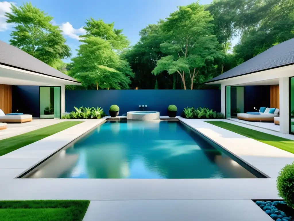 Exclusiva piscina terapéutica de diseño moderno en 8k Diseños terapéuticos para piscinas en casa: Imagen de piscina moderna con líneas elegantes, agua cristalina y ambiente sereno de lujo