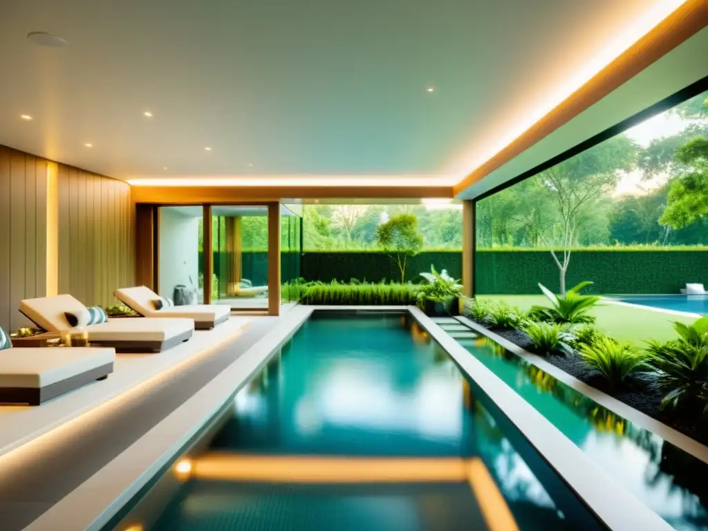 Piscina de lujo con diseño moderno y relajante Diseños terapéuticos para piscinas en casa: piscina interior de lujo con diseño moderno, borde infinito geométrico, vegetación exuberante y luz natural