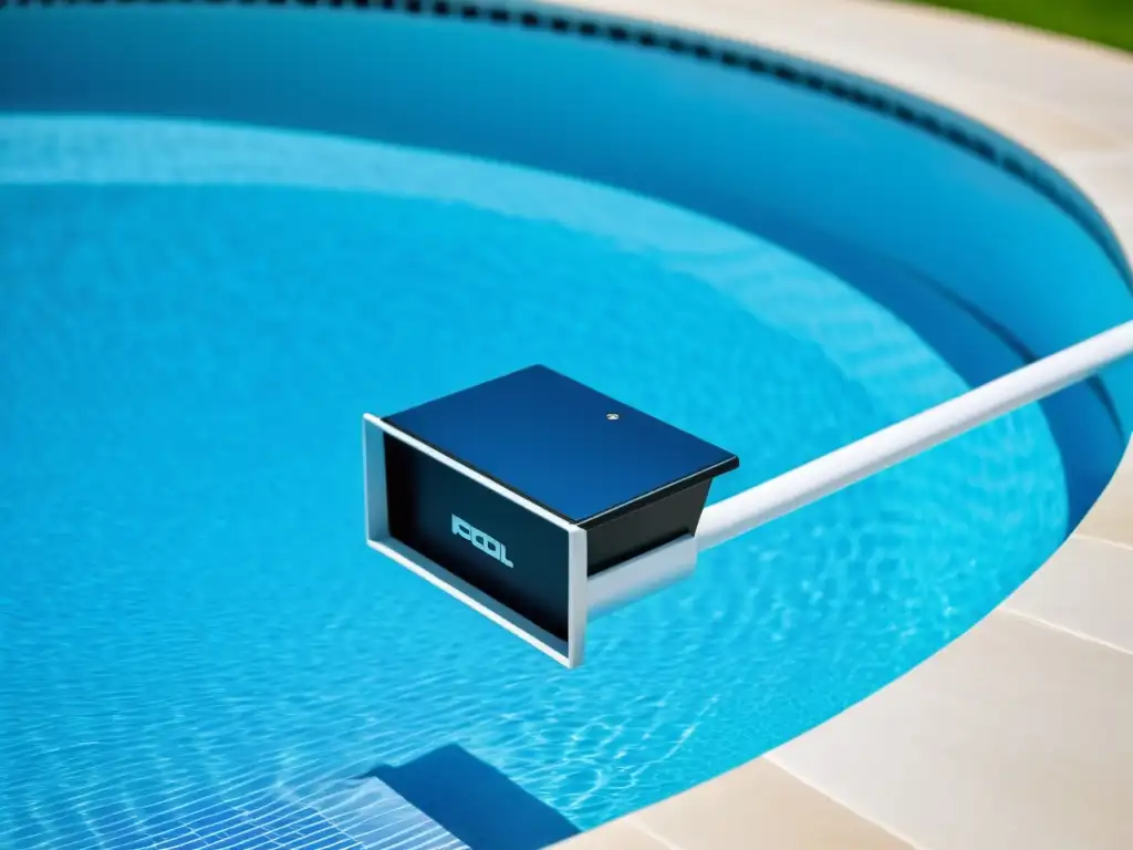 Skimmer de piscina moderno en acción Un eficiente skimmer de piscina en primer plano con una piscina azul cristalina de fondo