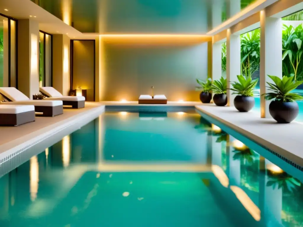 Aquagym en Spa de Lujo: Serenidad y Vitalidad Ejercicios fitness acuático spa: Un instructor guía una clase de aqua aerobics en una piscina interior serena y cristalina de un lujoso spa