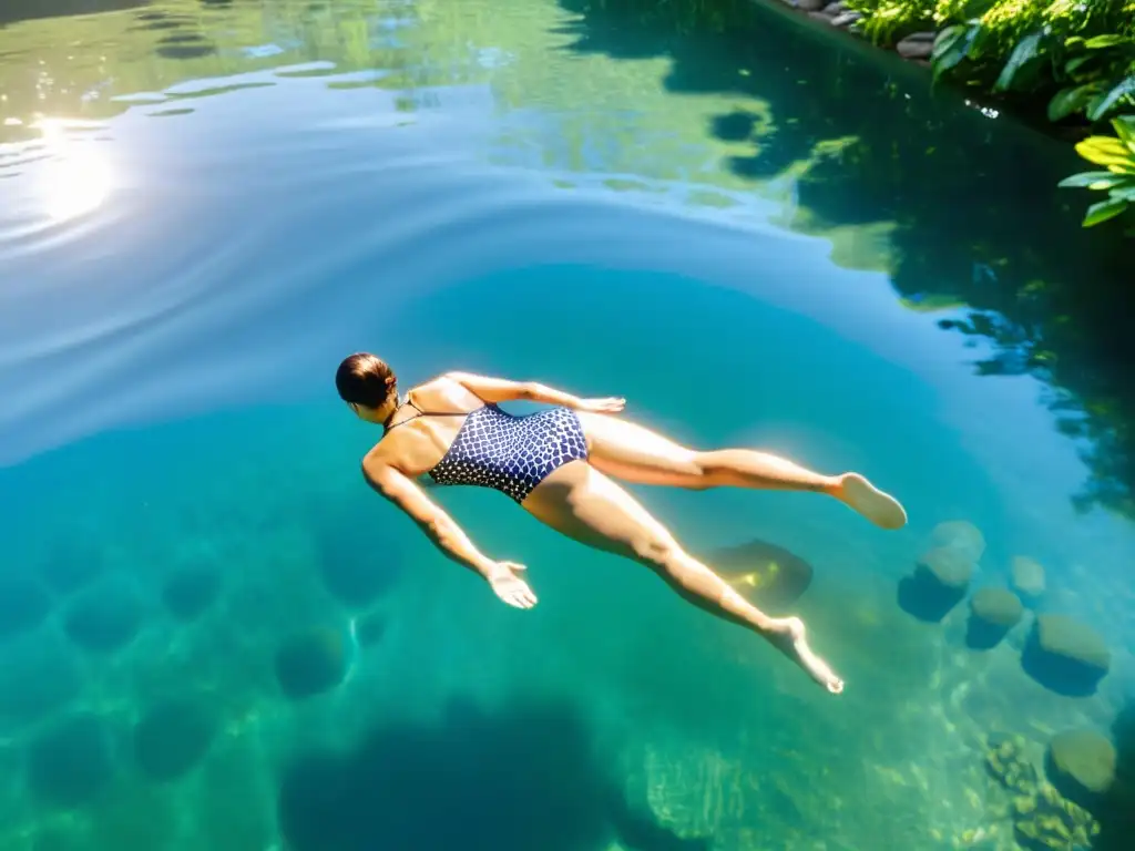 Tranquilidad Serena: Terapia de Natación Relajante Ejercicios de natación terapéutica para mejorar la circulación, en una piscina serena con luz solar filtrada y patrones hipnóticos en el fondo