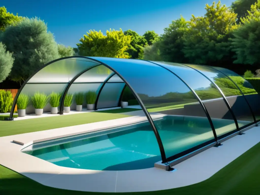 Piscina cubierta moderna en 8k | Imagen cristalina Un elegante cobertor de piscina para protección en un entorno moderno y seguro, rodeado de un paisaje exuberante y mobiliario de exterior
