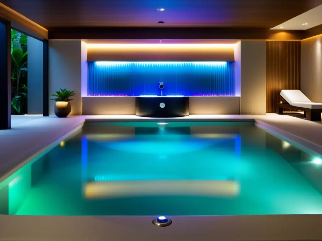Moderno sistema de purificación de agua UV en spa de lujo Un elegante sistema de purificación de agua con luz UV en un lujoso spa, destacando los beneficios de la purificación ultravioleta