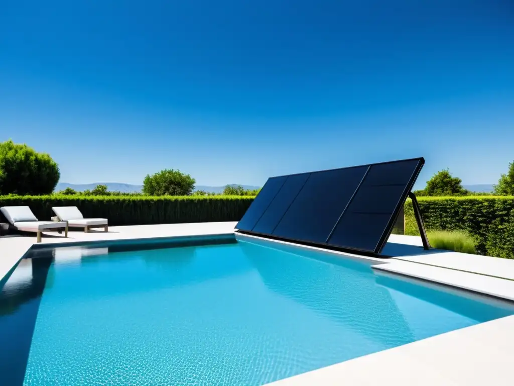 Sistema solar térmico elegante para piscina Un elegante sistema de calentamiento solar para piscinas al aire libre con paneles solares negros en contraste con el cielo azul brillante