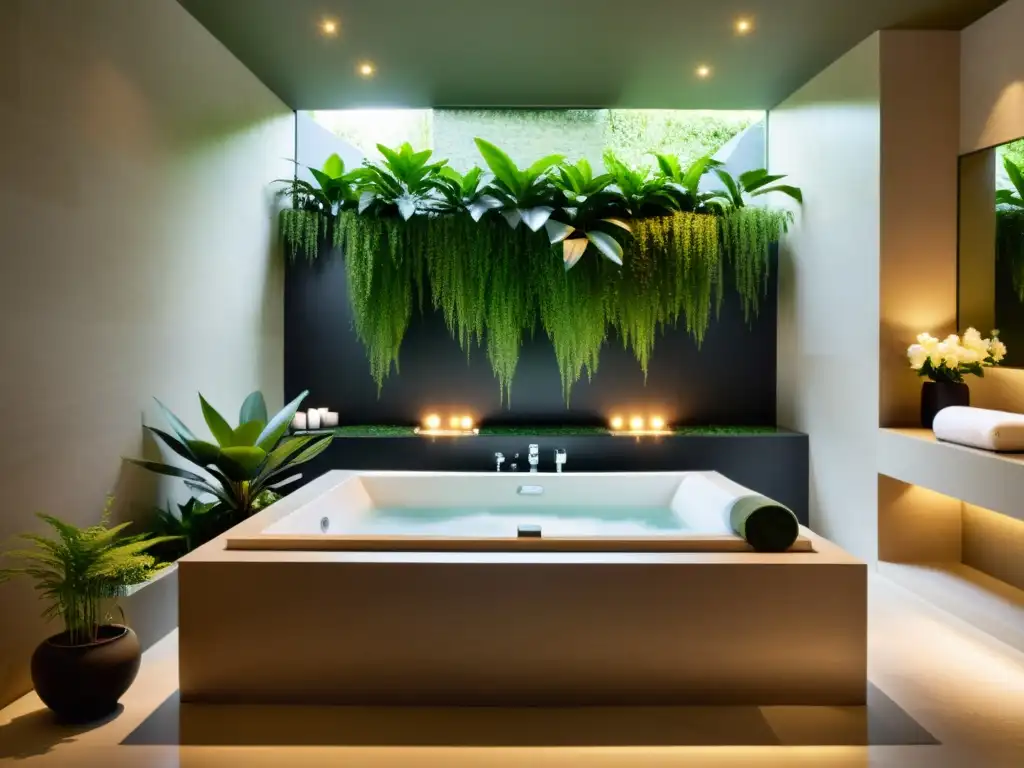 Spa moderno con jacuzzi relajante y terapeuta profesional Un elegante spa moderno con baño de jacuzzi, plantas verdes y luz suave