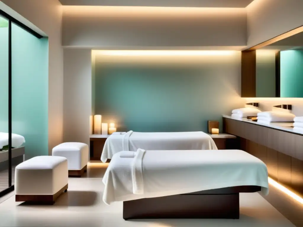 Experiencia de spa de lujo con serenidad y minimalismo Un elegante spa moderno con decoración minimalista y luces suaves