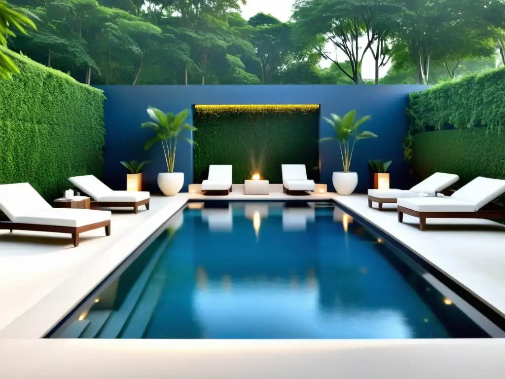 Un elegante spa moderno con piscina de lujo en diseño integrando elementos de agua en diseño, sofisticación y relajación
