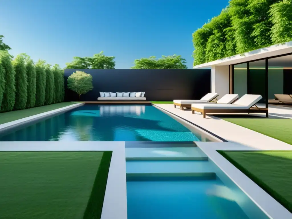 Integrando elementos de agua en diseño: Piscina infinita rodeada de vegetación y zona de estar elegante en un paisaje moderno y lujoso