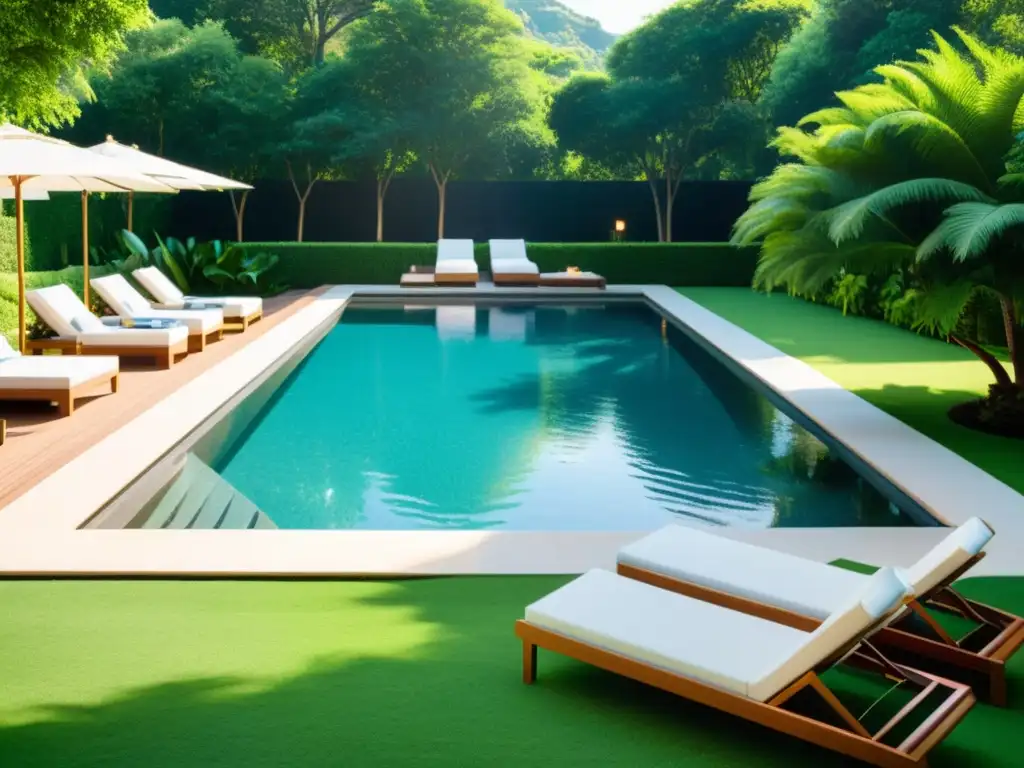 Un entorno lujoso y relajante con piscina cristalina, rodeada de vegetación exuberante y mobiliario elegante