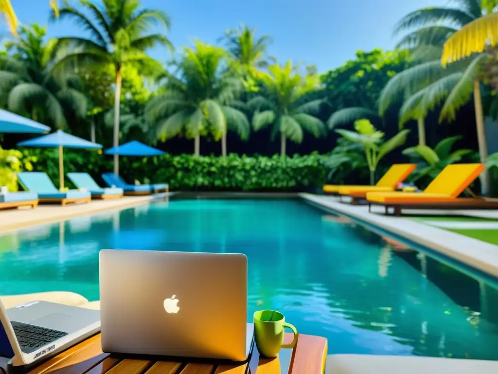 Un entorno paradisíaco con una piscina cristalina, palmeras verdes y tumbonas coloridas