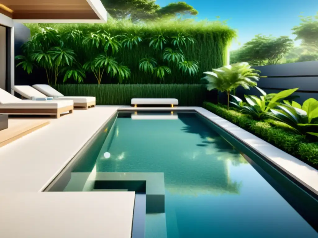 Elegante escalera moderna hacia piscina cristalina Escalera de diseño en piscina, rodeada de exuberante vegetación y mobiliario contemporáneo, con iluminación elegante y agua cristalina