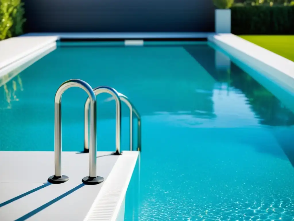 Escalera de piscina de acero inoxidable: elegancia y seguridad Una escalera de piscina de acero inoxidable elegante y moderna, integrada en el diseño de la piscina, exudando seguridad y sofisticación