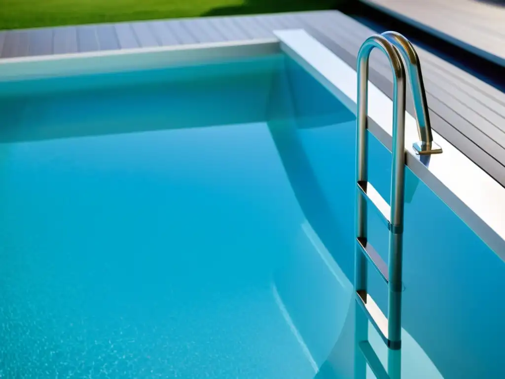 Lujosa escalera de acero inoxidable para piscina con diseño contemporáneo y seguridad Una escalera de piscina de acero inoxidable moderna y elegante con pasos antideslizantes, integrada en un diseño seguro y atractivo