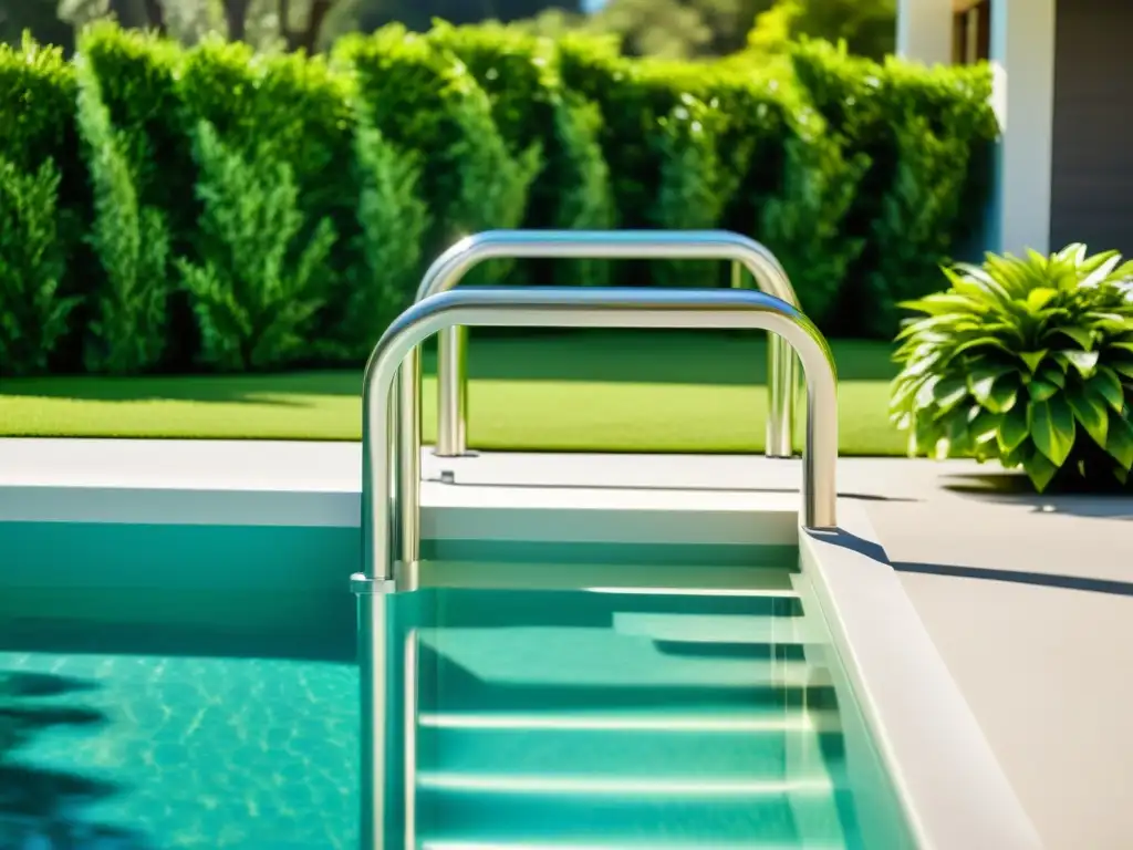 Lujosa escalera de piscina de acero inoxidable en oasis sereno Escalera de piscina de diseño moderno y seguridad, rodeada de un oasis sereno con mobiliario contemporáneo y exuberante vegetación