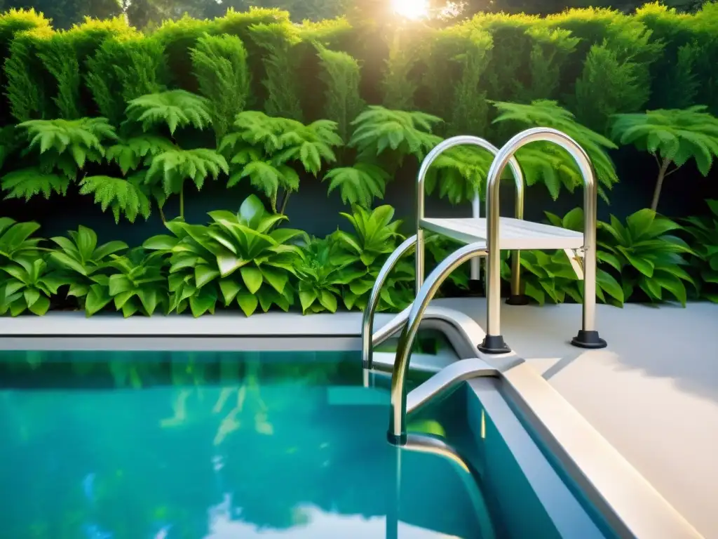 Escalera de piscina de acero inoxidable: elegancia contemporánea Escalera de piscina moderna de acero inoxidable con elegante diseño, rodeada de exuberante vegetación y bañada por la cálida luz del sol