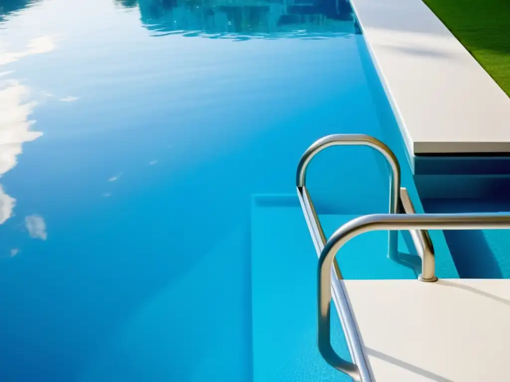 Elegante escalera de piscina: diseño moderno y seguridad Una escalera de piscina moderna y lujosa con pasamanos de acero inoxidable, pasos blancos y agua cristalina