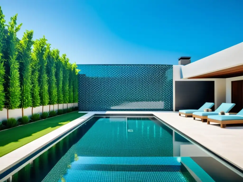 Escena de lujo y modernidad en piscina y spa con materiales innovadores construcción piscinas spas, creando un ambiente sereno y aspiracional