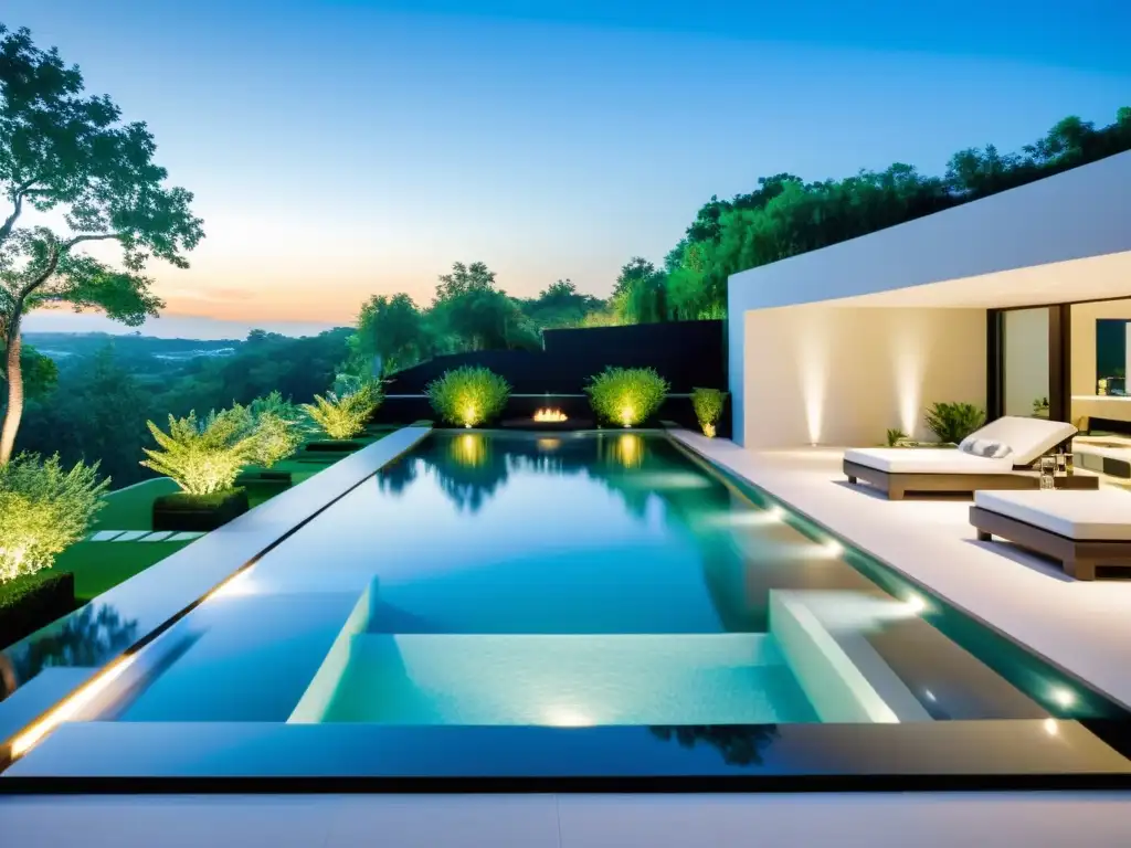 Escenario lujoso con piscina infinita, spa incorporado y mobiliario elegante