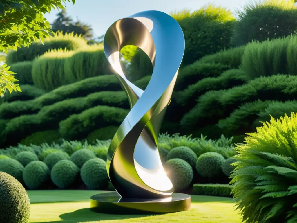 Elegante escultura de acero inoxidable en jardín exuberante Escultura de acero inoxidable moderna en jardín exuberante, refleja luz solar con elegancia, creando contraste visual dinámico