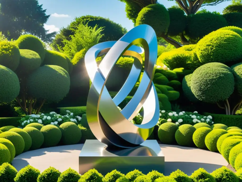 Escultura de acero inoxidable en jardín vibrante Escultura de acero inoxidable moderna en jardín exuberante con flores vibrantes y arbustos cuidados