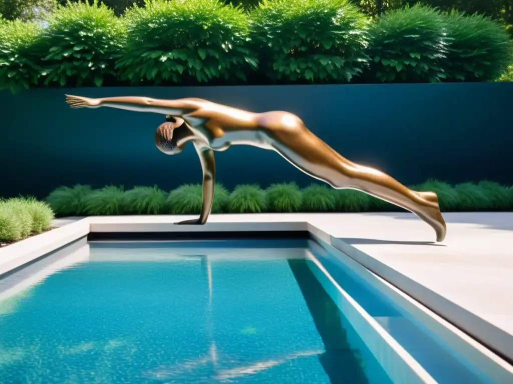 Escultura de bronce: gracia en movimiento al borde de la piscina Escultura de bronce moderna de una figura grácil y elegante en pleno salto, junto a una piscina reluciente, reflejando la tranquilidad del jardín