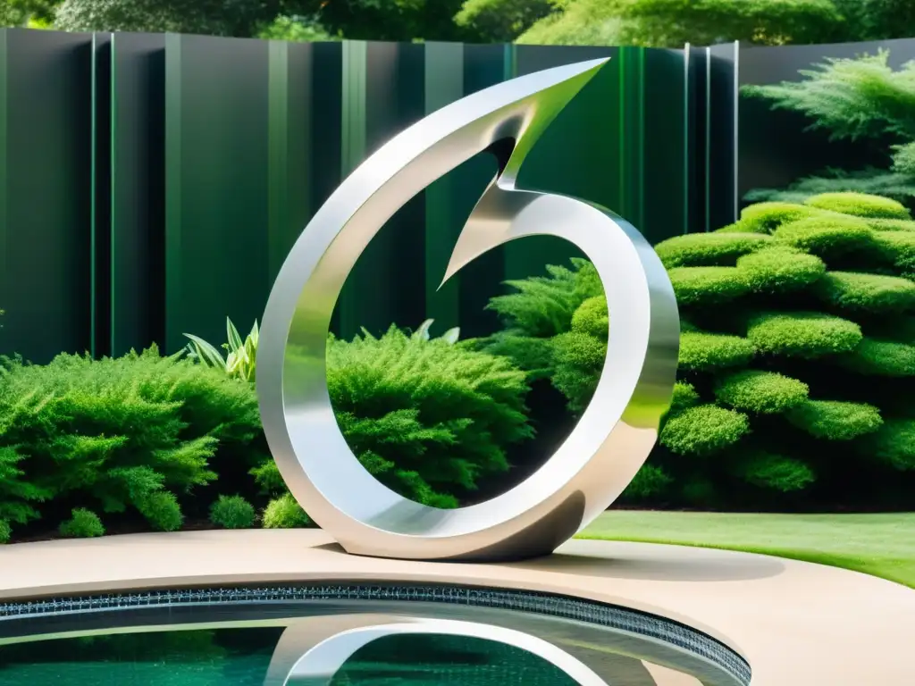 Escultura de acero inoxidable en jardín vibrante Escultura moderna de acero inoxidable en jardín exuberante con piscina, reflejando luz y naturaleza