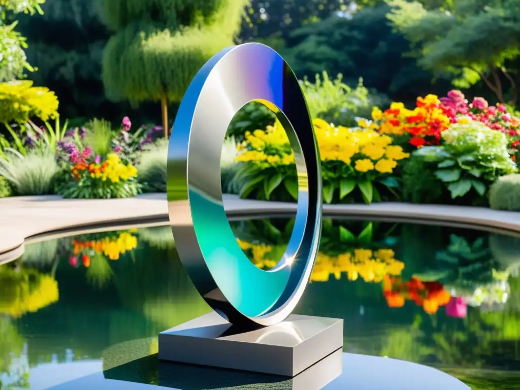 Escultura metálica moderna en armonía con la naturaleza Escultura moderna de metal en jardín con piscina, reflejando la naturaleza y creando armonía artística