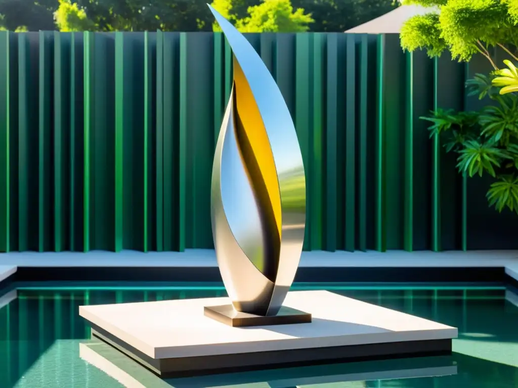 Sculptura metálica abstracta en jardín junto a la piscina Esculturas en jardín para piscinas: Escultura abstracta metálica en jardín de piscina, refleja luz y sombras sobre el paisaje verde