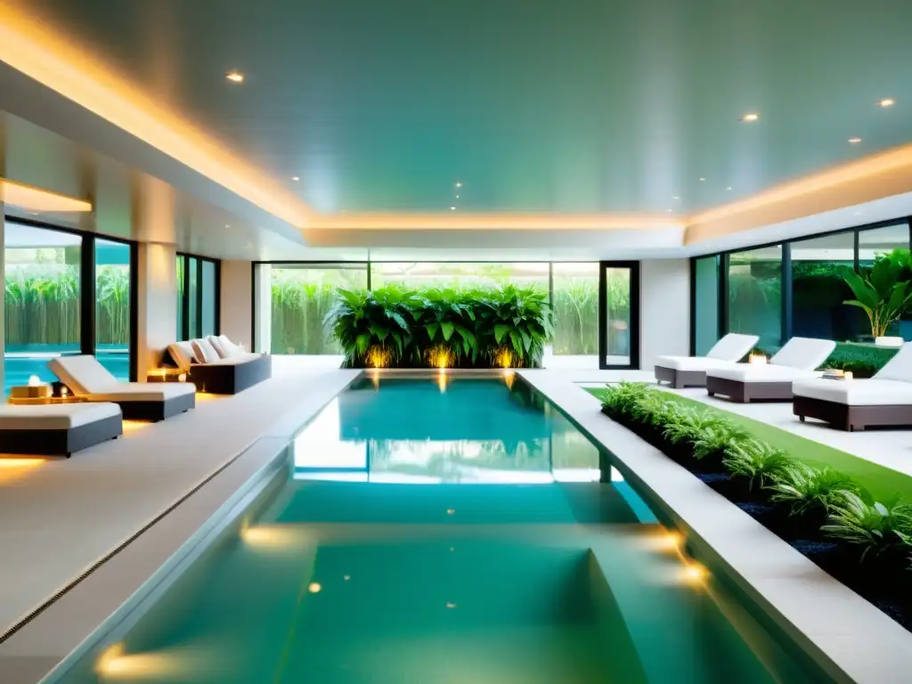 Spa de lujo con piscina climatizada en ambiente sofisticado Espacio de piscina climatizada interior lujoso y relajante, con diseño moderno y cumplimiento de normativas piscinas climatizadas