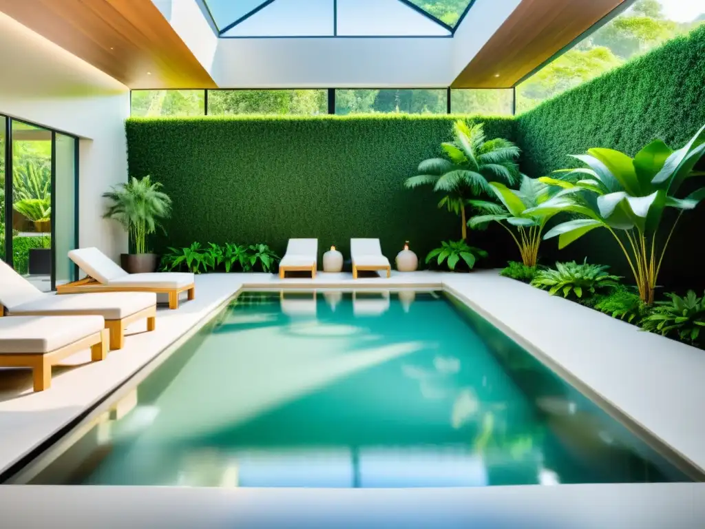 Pool de hidroterapia para diabetes: tranquilidad y bienestar Un espacio sereno de hidroterapia moderna, rodeado de vegetación exuberante y luz natural