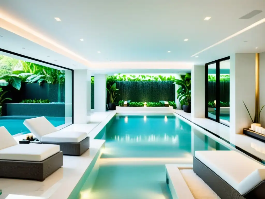 Spa de lujo: piscina cristalina y elegancia relajante Espacio de spa de lujo con piscina interior cristalina rodeada de vegetación exuberante y cascada serena