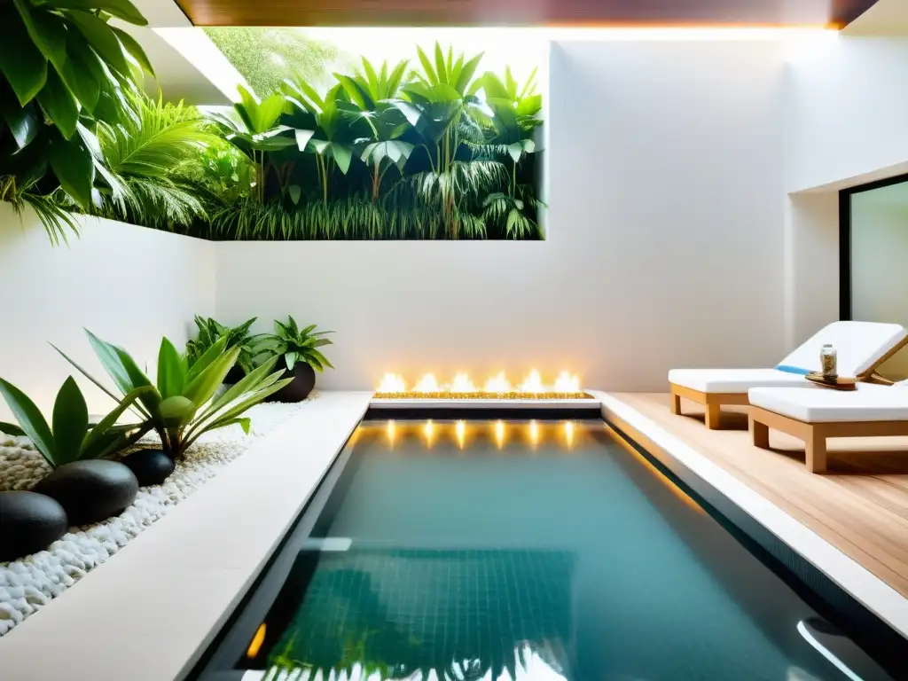 Espacio de spa reluciente con diseño moderno, rodeado de plantas verdes y bañado por la luz natural