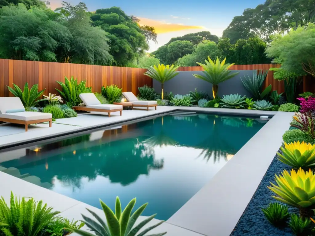 Oasis biodiverso: Piscina moderna rodeada de exuberante vegetación nativa Espacios biodiversos alrededor piscina: moderna área con piscina rodeada de exuberante vegetación nativa, creando un entorno sereno y biodiverso
