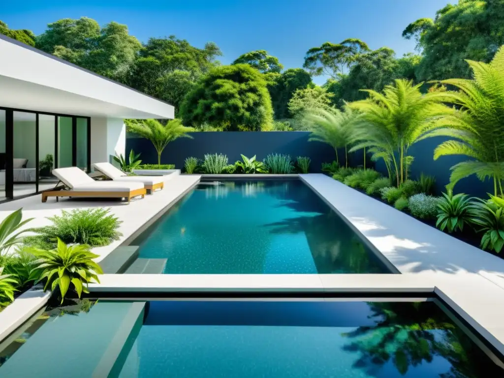 Oasis de piscina moderna con exuberante vegetación nativa Espacios biodiversos alrededor de la piscina con plantas nativas, agua cristalina y vida silvestre vibrante