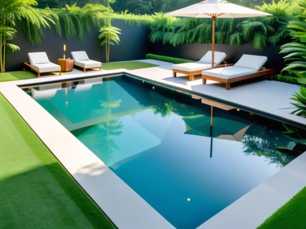 Exclusiva piscina moderna: lujo y relajación en el jardín Espaciosa piscina de diseño moderno y lujoso, rodeada de exuberante vegetación y mobiliario elegante, ideal para el tamaño ideal piscina hogar