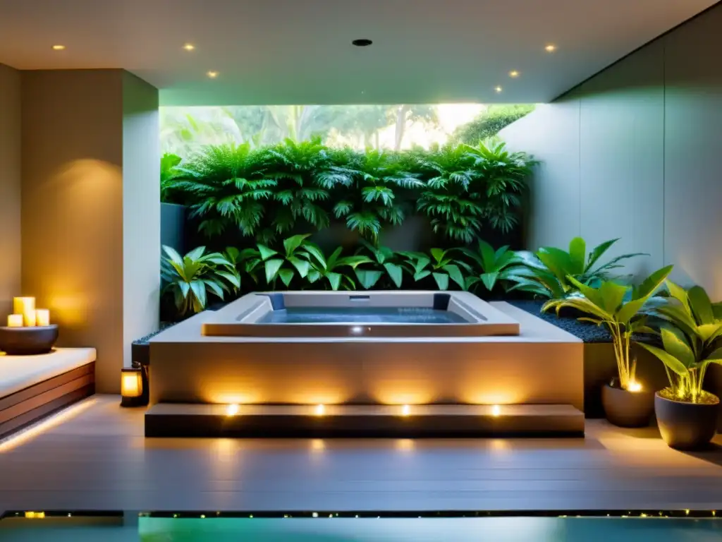Espacioso spa moderno con jacuzzi integrado rodeado de vegetación exuberante y luz suave