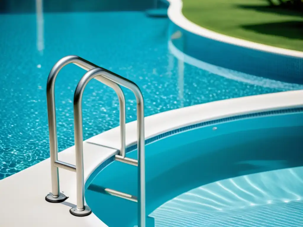 Escalera de piscina de acero inoxidable: diseño contemporáneo y seguridad Espectacular escalera de piscina de acero inoxidable, diseño moderno y seguro, junto a una lujosa piscina