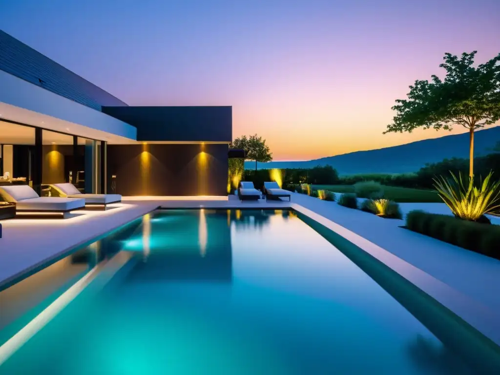 Piscina de lujo con iluminación inteligente: un oasis moderno al anochecer Espectacular iluminación inteligente para piscinas Smart Home en un lujoso ambiente de piscina al anochecer