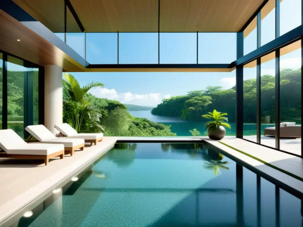 Espectacular piscina cubierta con diseño moderno y vistas naturales Espectacular piscina climatizada cubierta con diseño moderno y vistas a paisaje natural