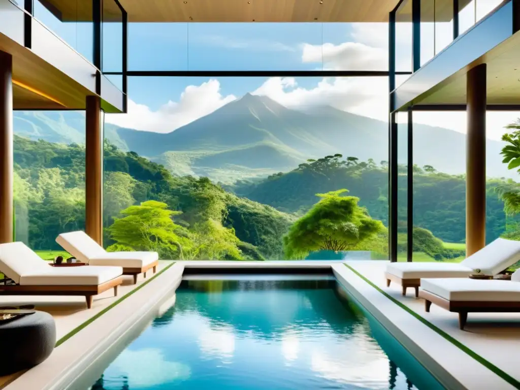 Piscina interior de lujo con vista a la montaña Espectacular piscina cubierta moderna con vistas a la montaña, rodeada de elegantes espacios de descanso y exuberante vegetación