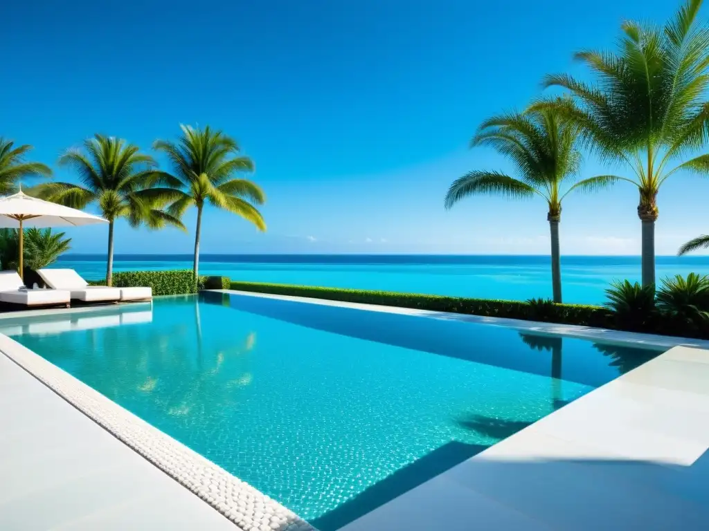 Piscina moderna de lujo con mosaico iridiscente Espectacular piscina moderna con acabados de tendencias, reflejando palmeras y cielo azul, creando un ambiente sereno