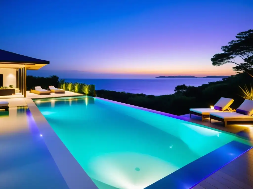 Piscina de lujo con sistema de iluminación inteligente Espectacular piscina moderna con iluminación inteligente para piscinas Smart Home, creando una atmósfera de lujo y tranquilidad con luces LED de colores cambiantes